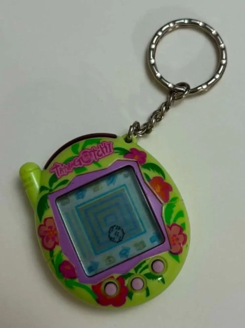 Vintage Tamagotchi Connection V3 Hibiscus Tropical Green TamaTown 2004 Keychain